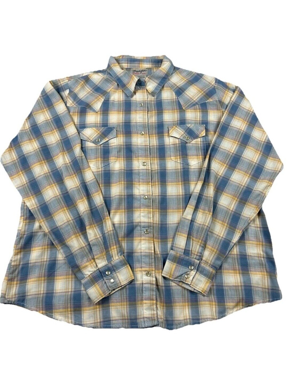 Wrangler Wrancher Shirt Men's XXL White Blue Yellow Pearl Snap Cowboy Western